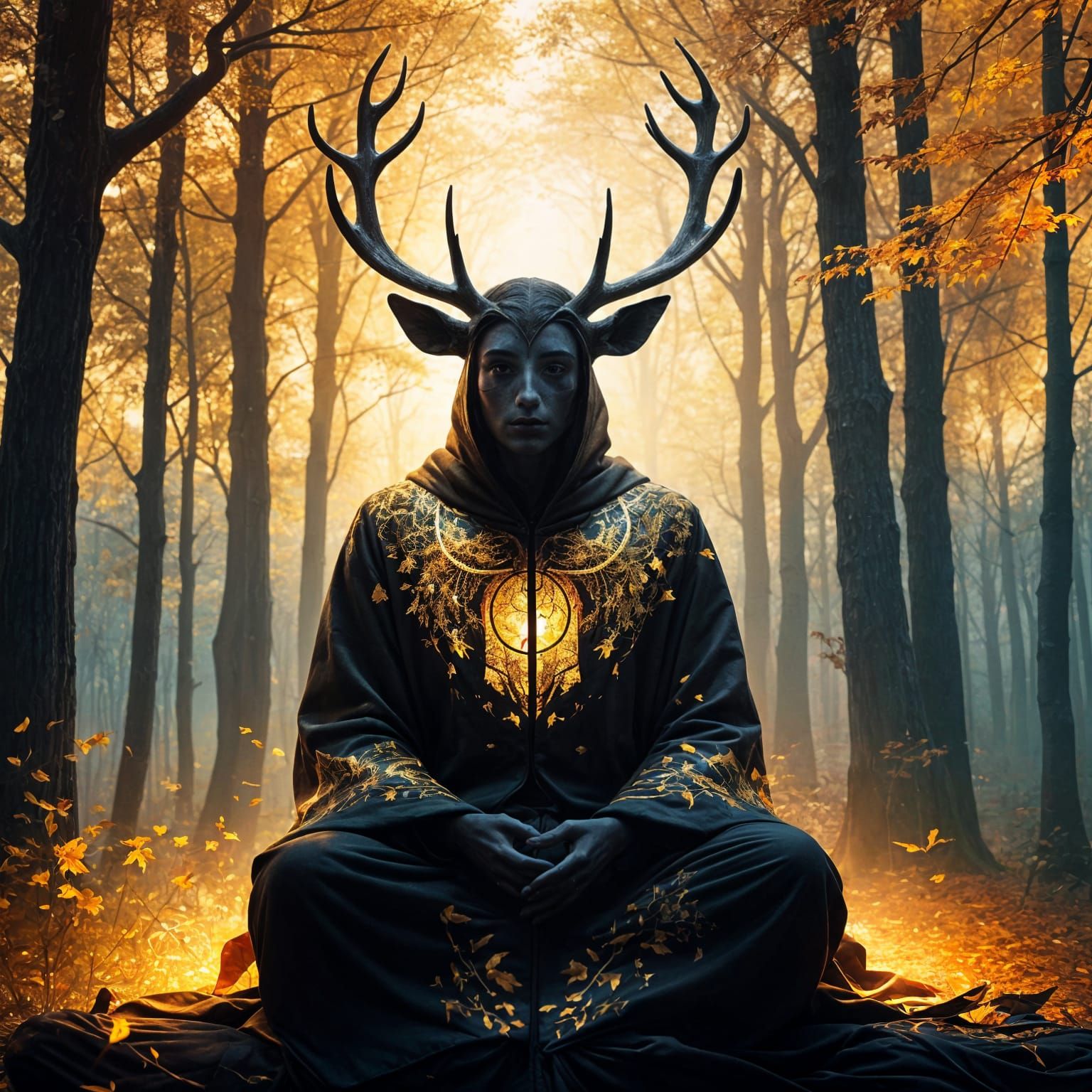 Native Spirit Elven Guide Meditating in Autumn Forest
