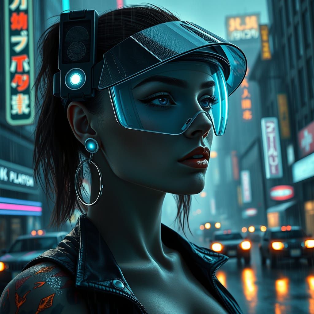 Cyberpunk Goddess with Neon Tattoos and Chrome Face