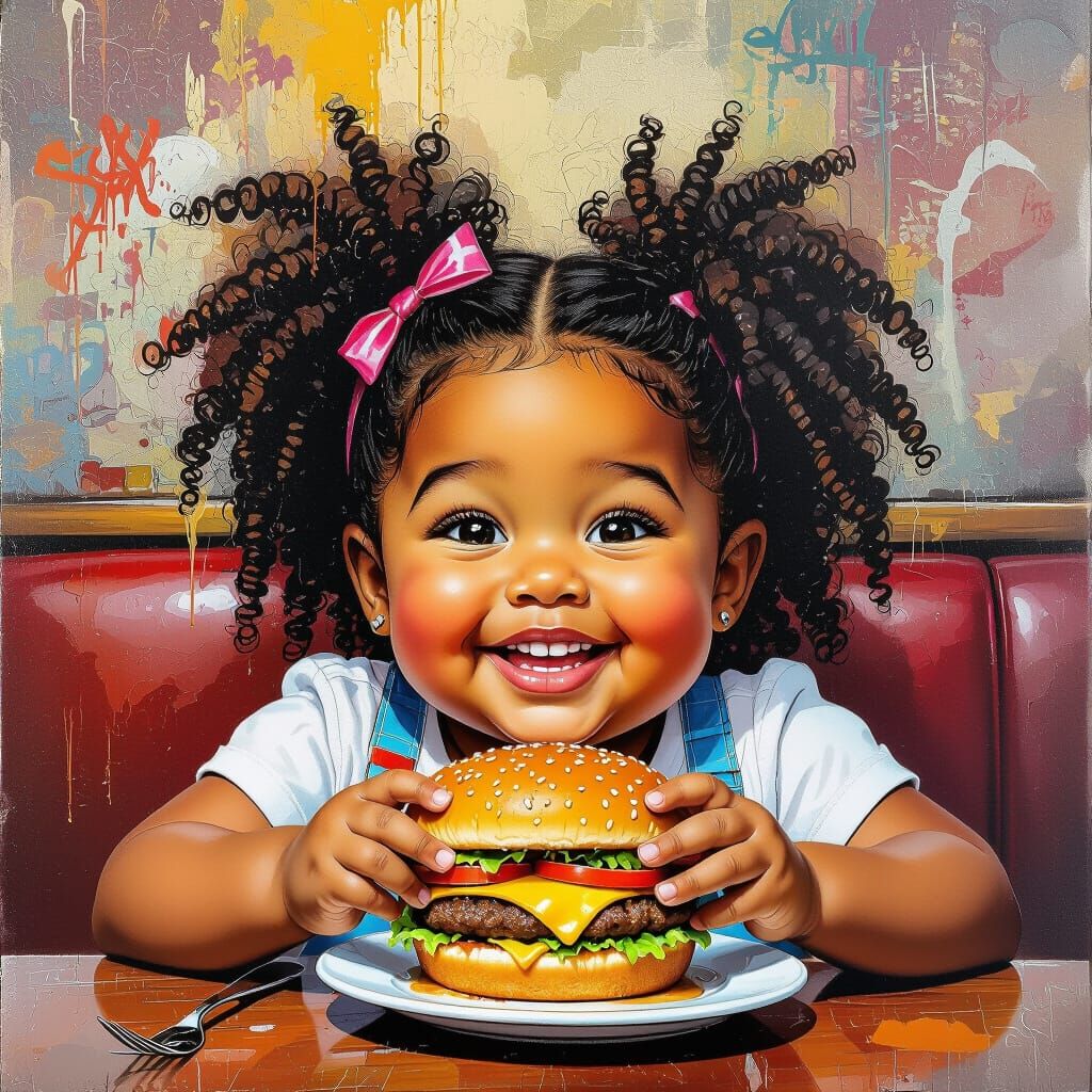 Girl Enjoys Cheeseburger at Restaurant in Graffiti Art Style