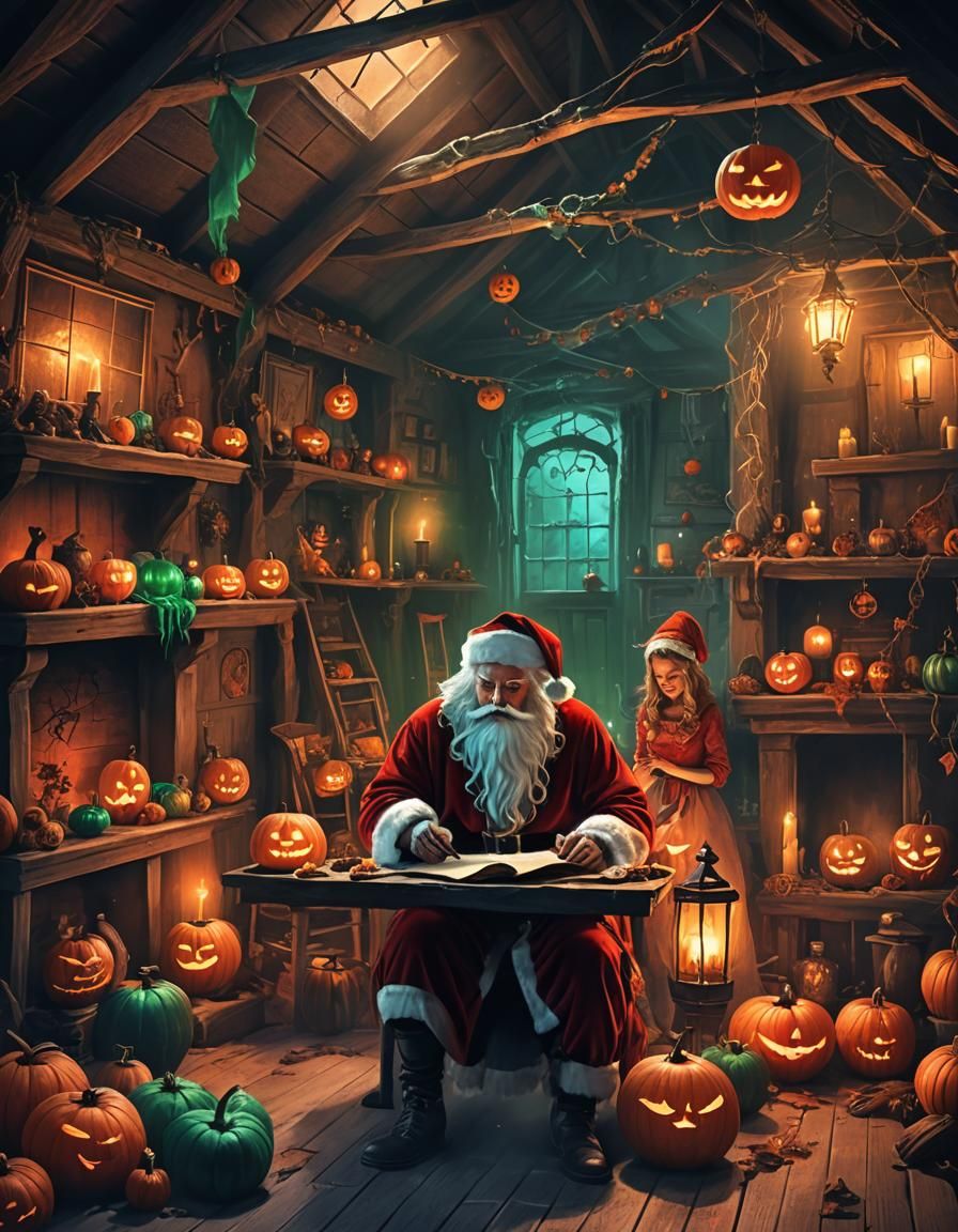 Santa and Woman Decorating a Spooky Halloween Attic