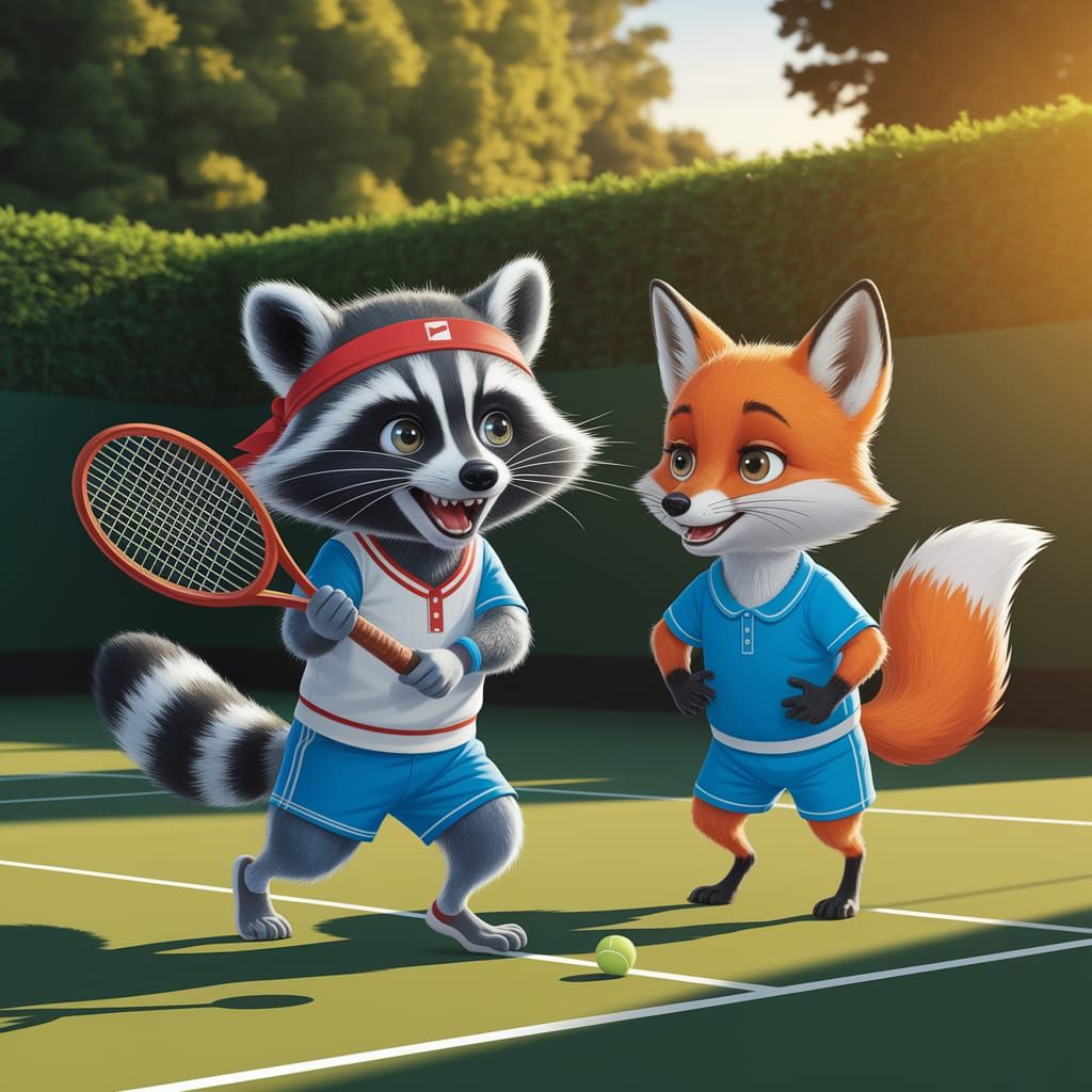 Animals Play Tennis in Sunlit Court