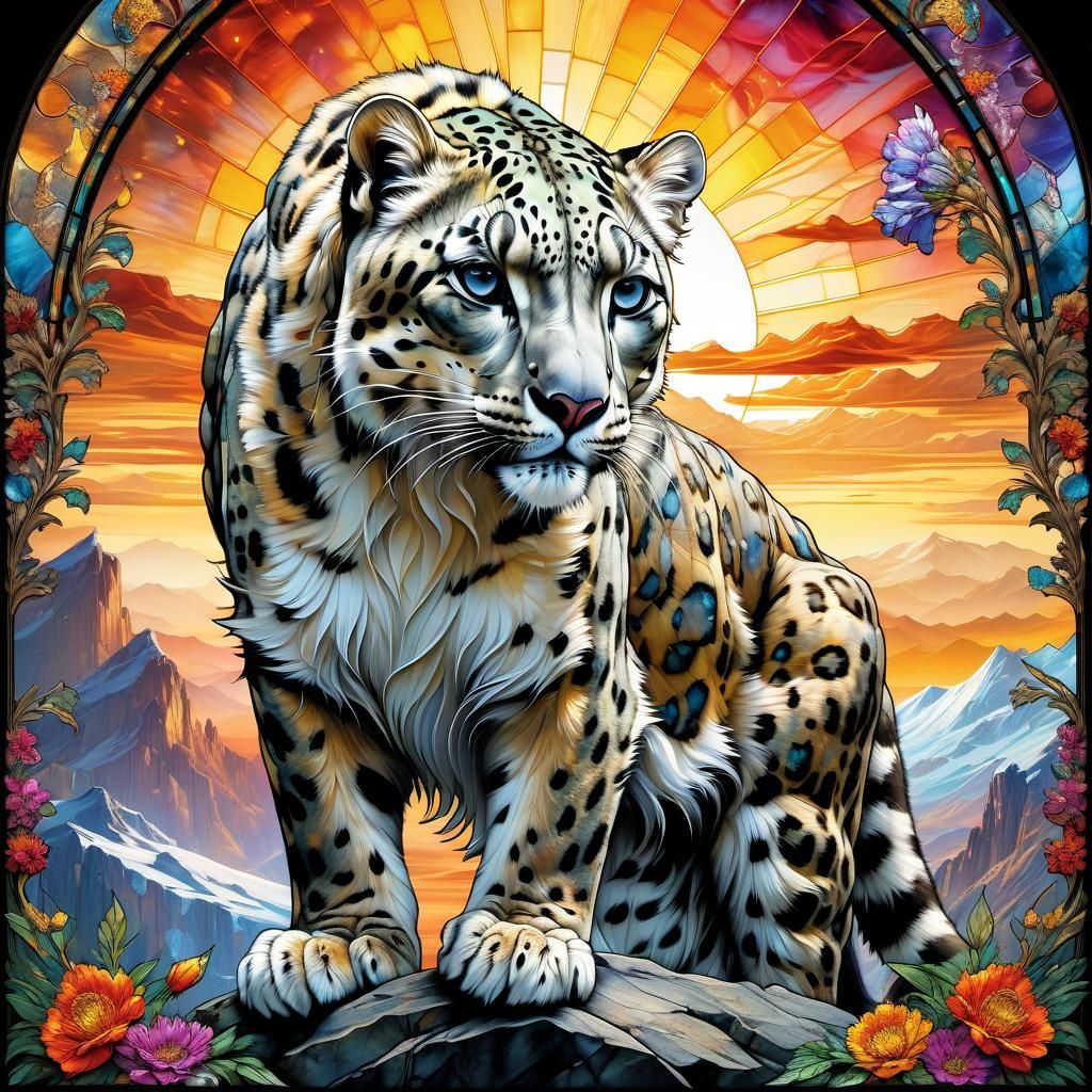 Stained Glass Snow Leopard in Anime Style