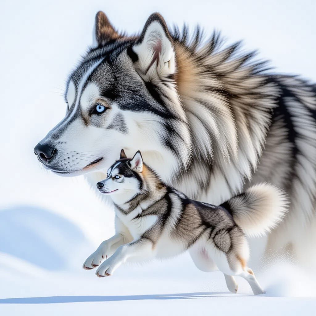 Hyperrealistic Alaskan Malamute and Husky Composition