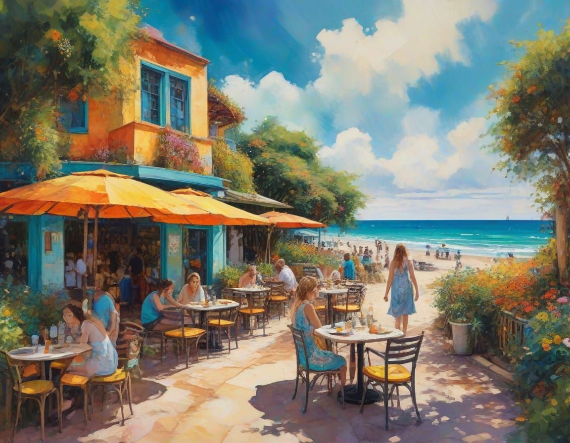 Vibrant Beachside Cafe Scene in Dreamy, Ethereal Style