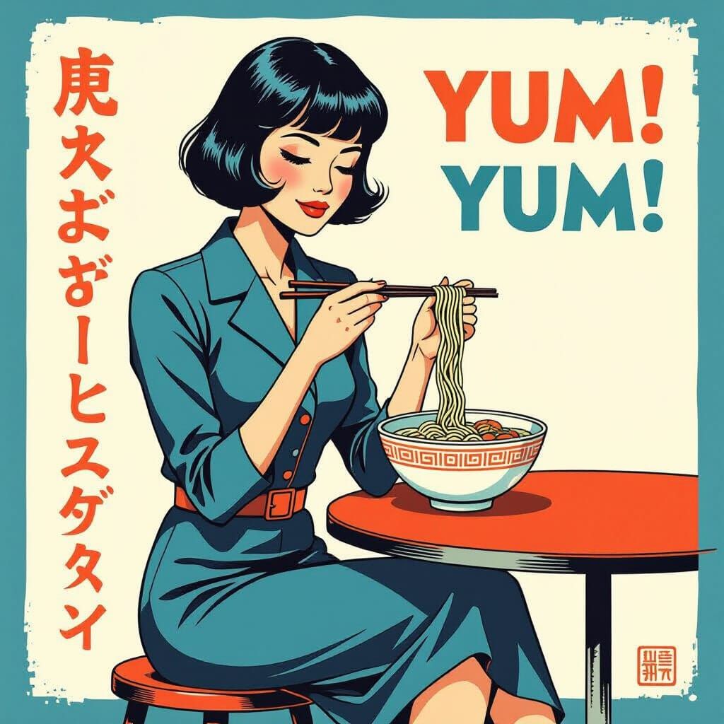 Stylish Woman Eating Ramen: 1960s Japanese Pop Art