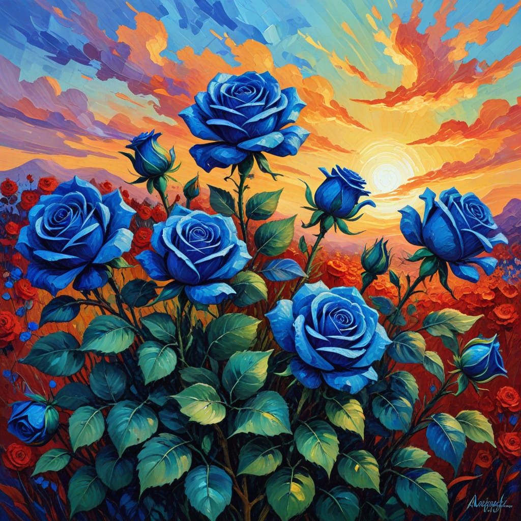 Blue Roses in Vibrant Aurora Countryside Sunset