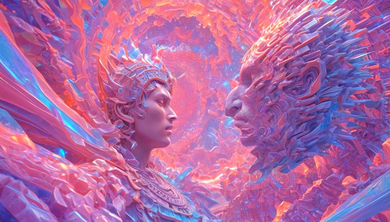 Surreal Dreamscape with Aztec Hologram in Psychedelic Style