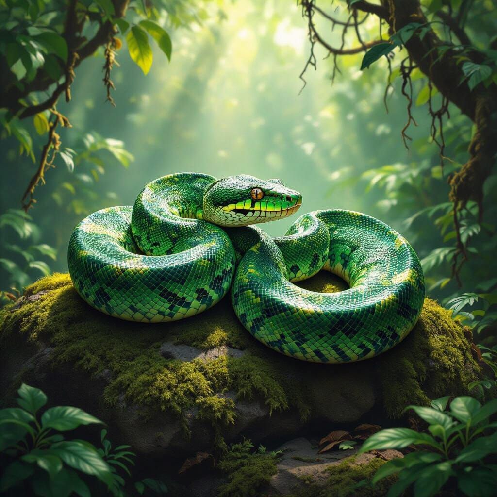 Magnificent Emerald Python in Sun-Dappled Jungle