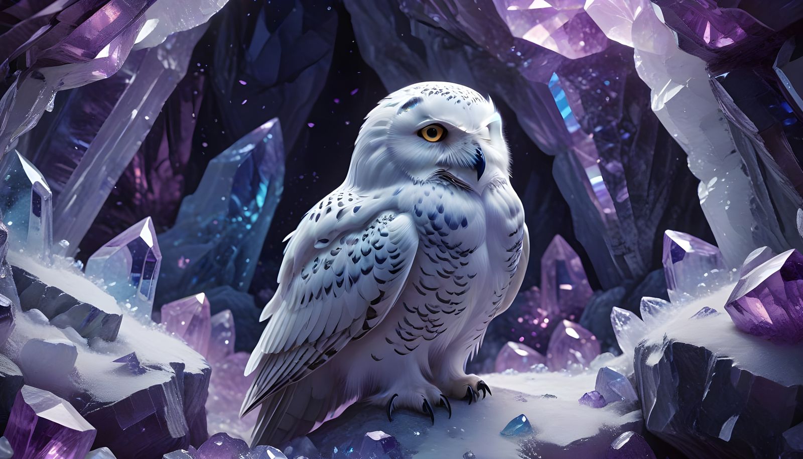 Snowy Owl with Amethyst Crystals in Moonlit Cave