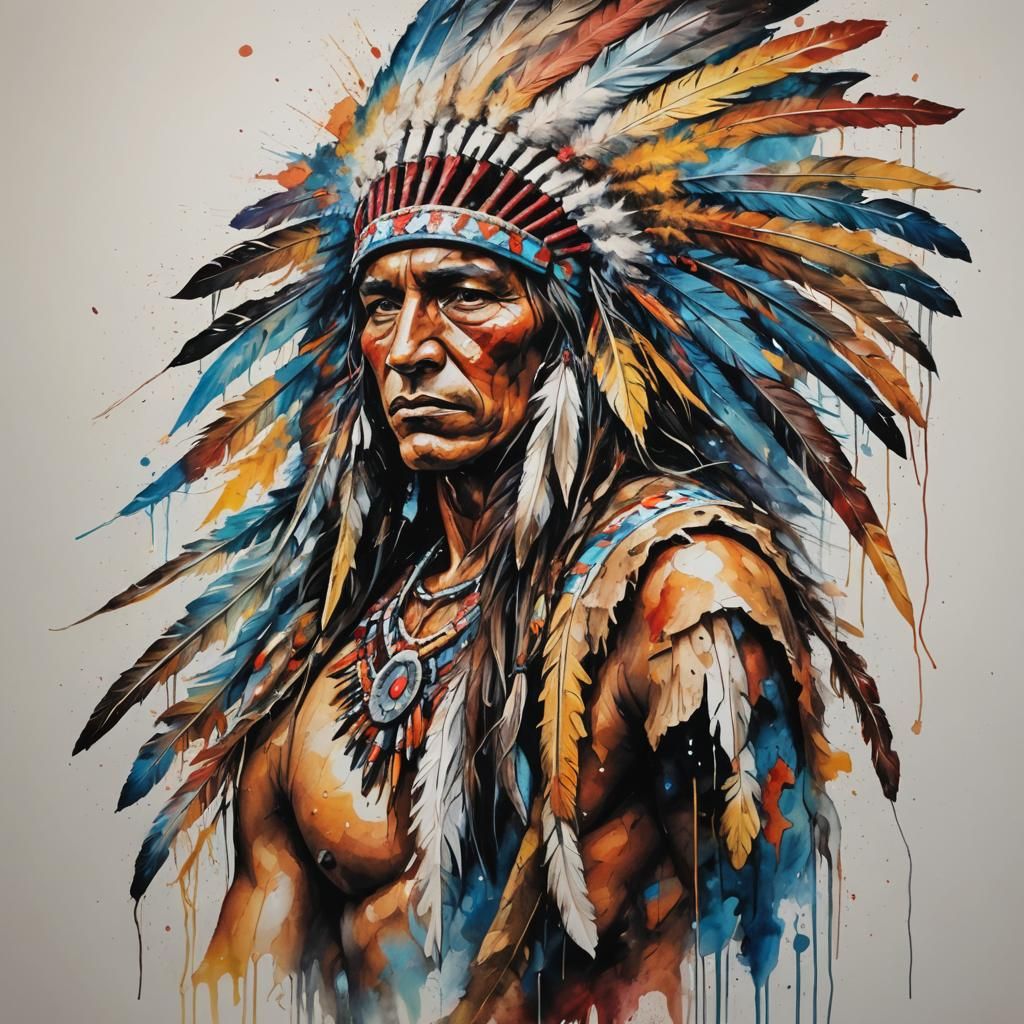 Native American Warrior in Abstract Expressionist Style