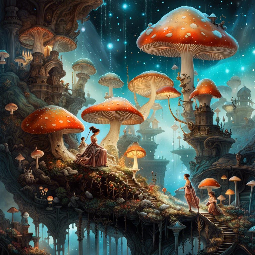 Mushroom Museum with Fairies in Splash Art Style