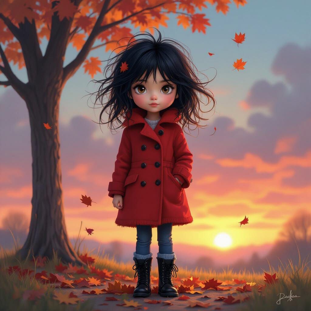 Mysterious Girl in Red Coat at Sunset