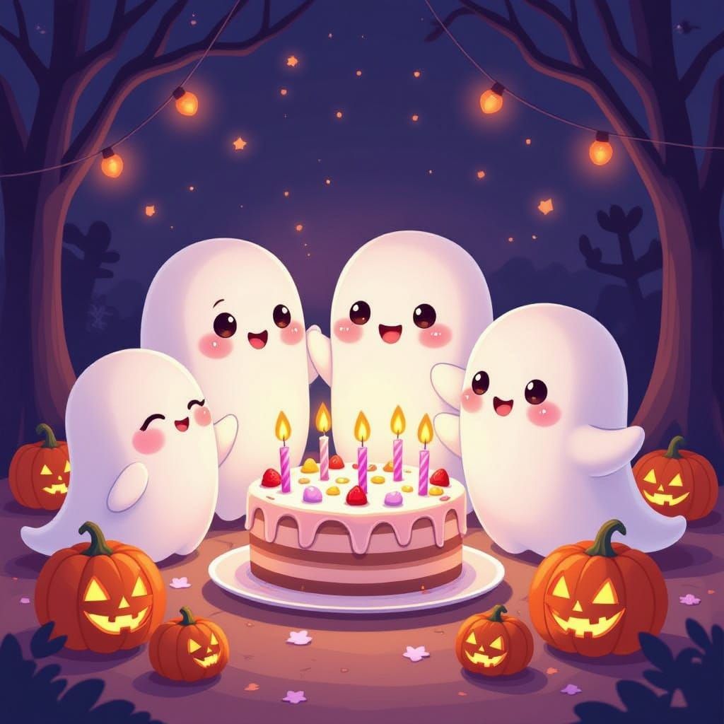 Cute Ghosts Celebrate Birthday With Chibi Pumpkins