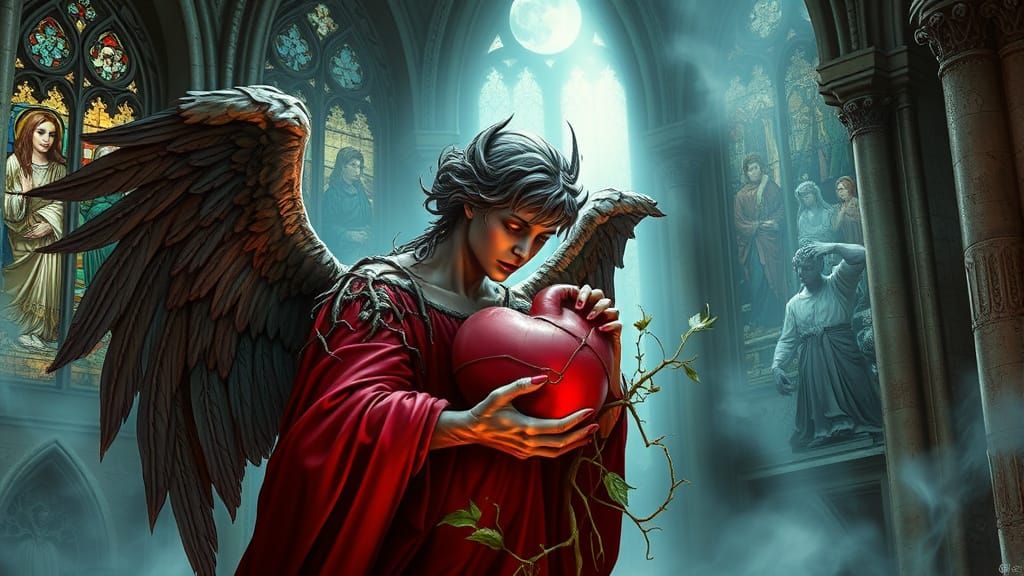 Decapitated Angel With Newborn Heart in Gothic Cathedral