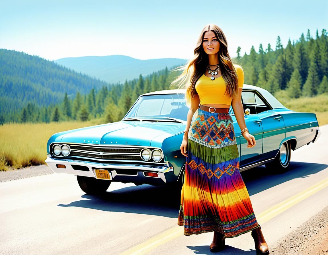 Psychedelic Hippie Girl Hitchhiking on Route 66