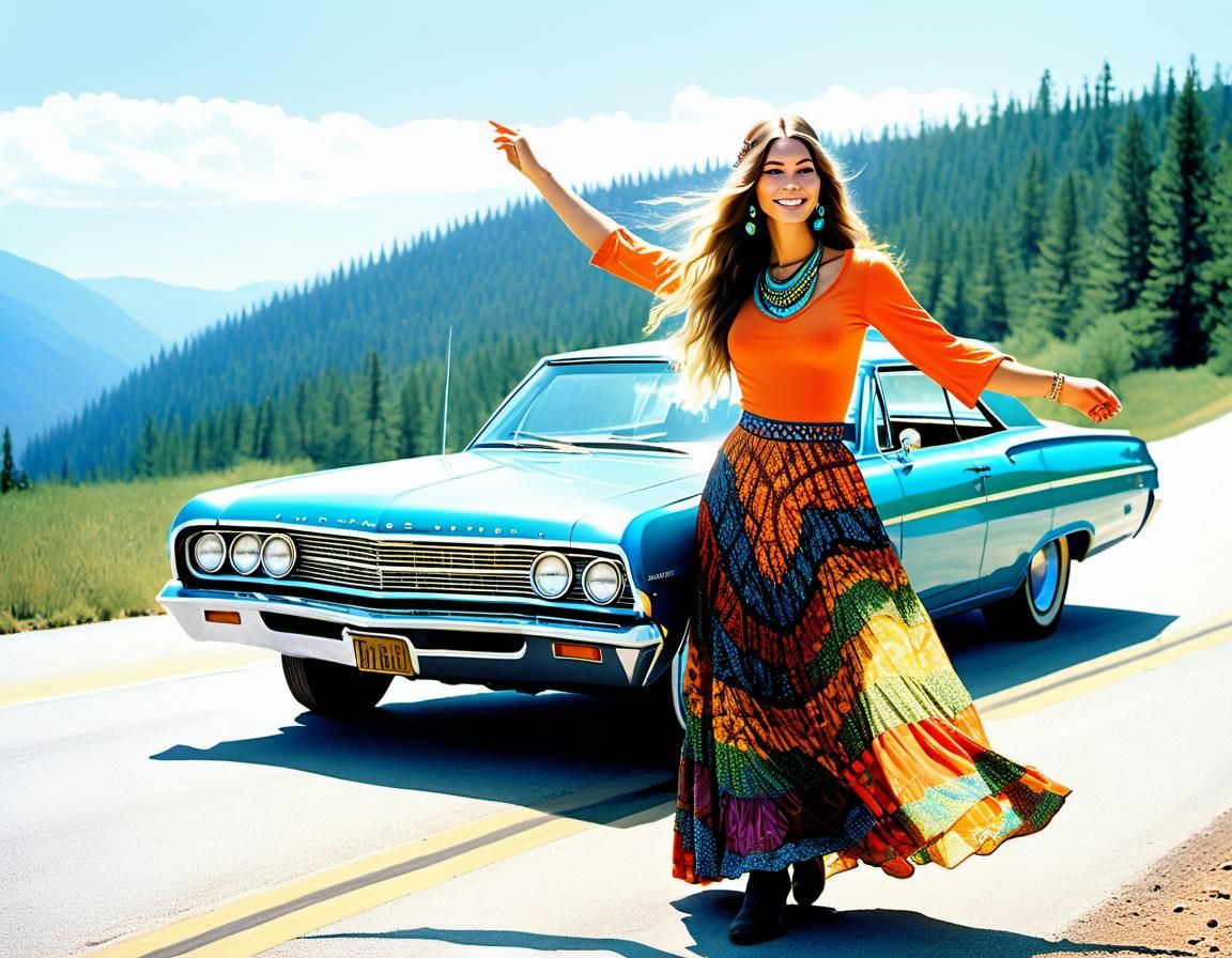 Psychedelic 1960s Hippie Girl Hitchhiking on Route 66