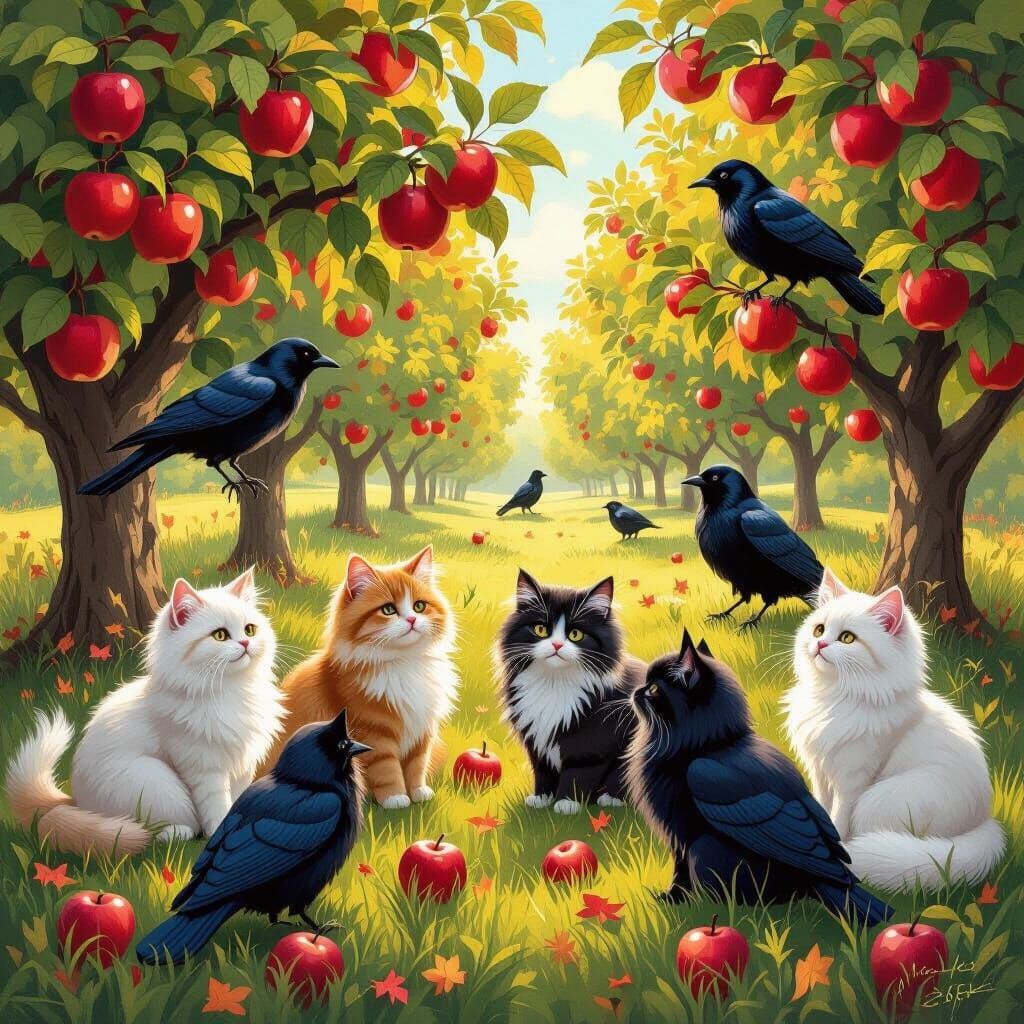 Cats and Crows in Apple Orchard Folk Art Style