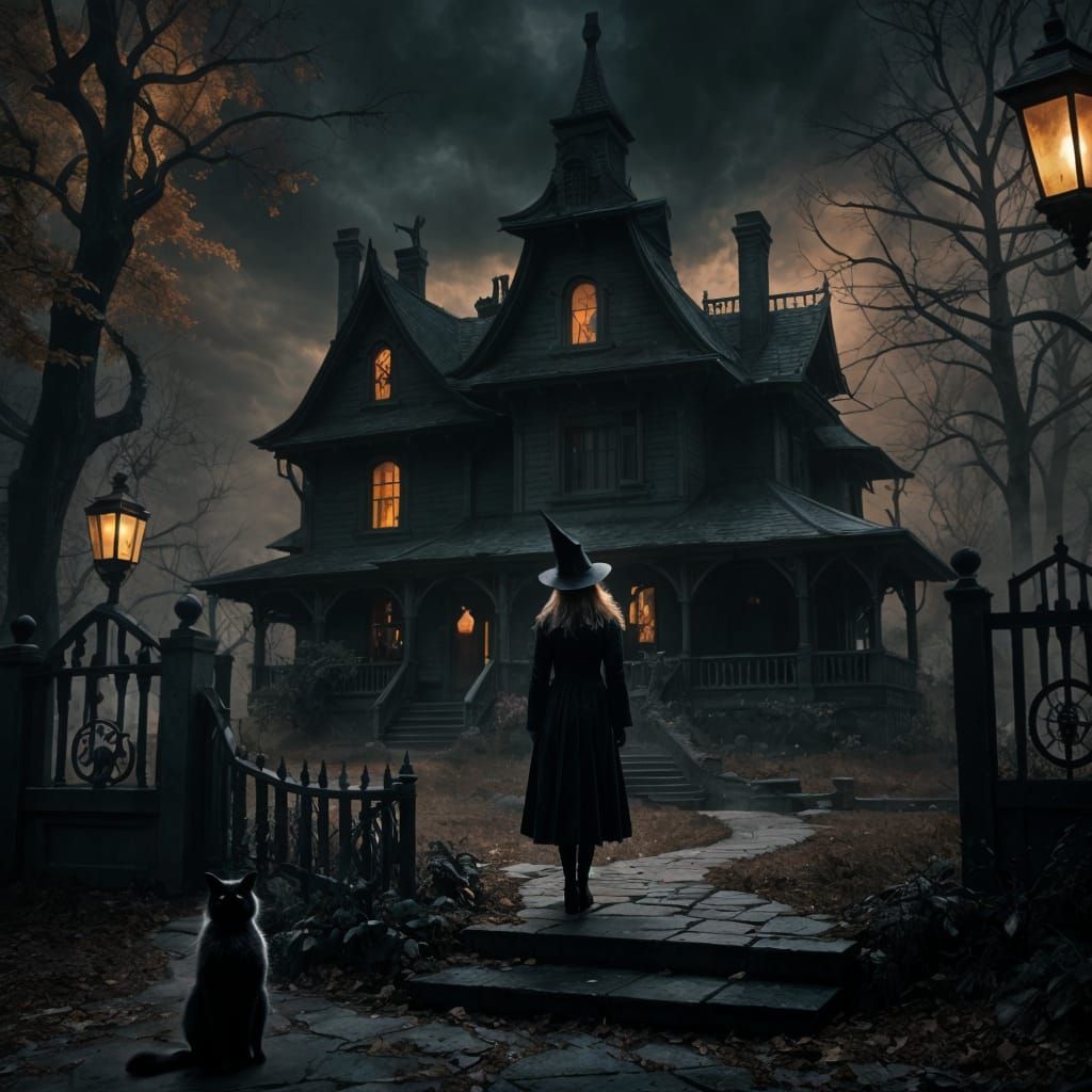 Cinematic Witch and Cat at Haunted House