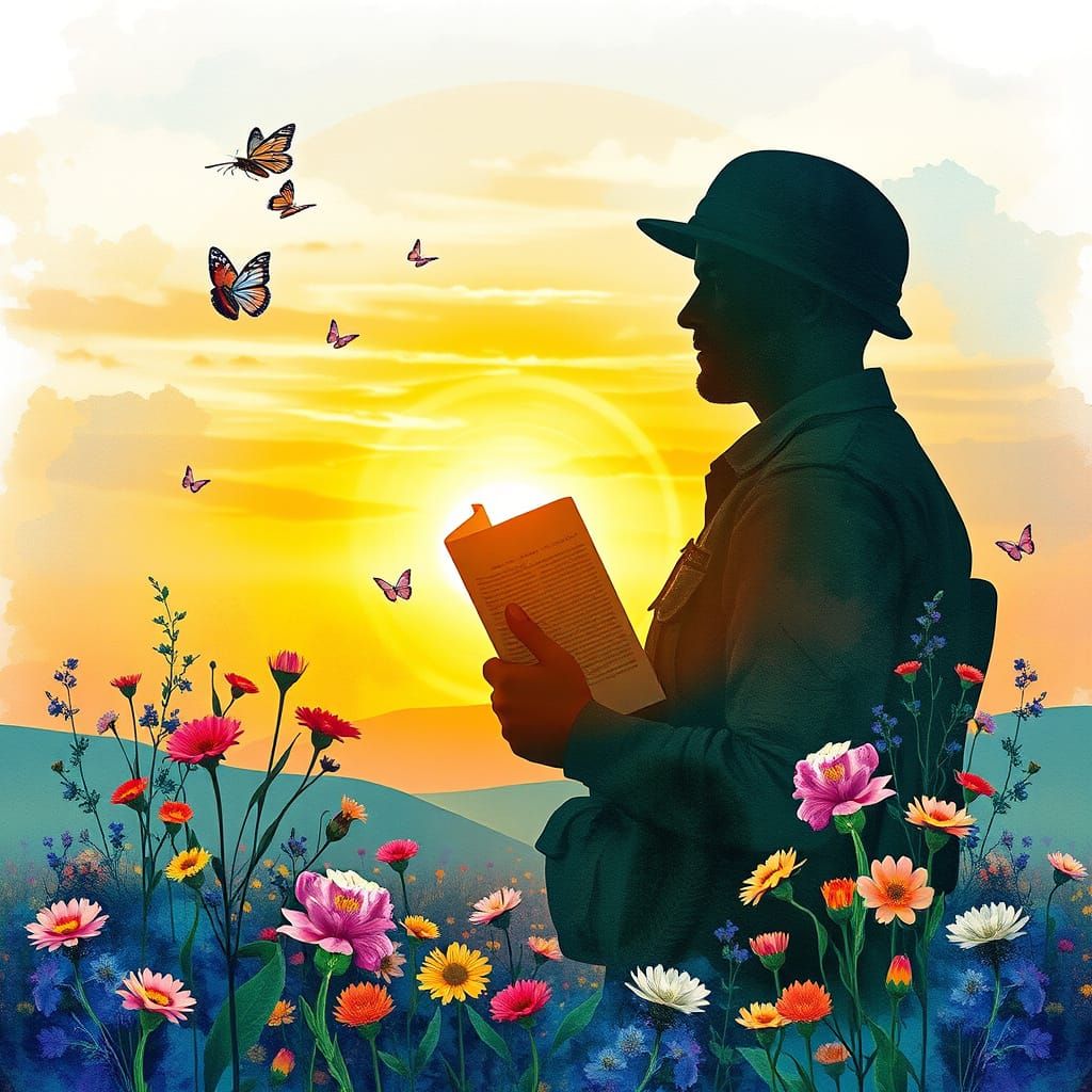 Hopeful Israeli Soldier Amidst Vibrant Wildflowers and Butte...