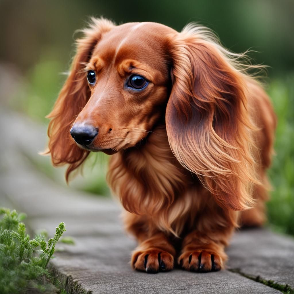 Longhaired Red Brindle Miniature Dachshund Portrait