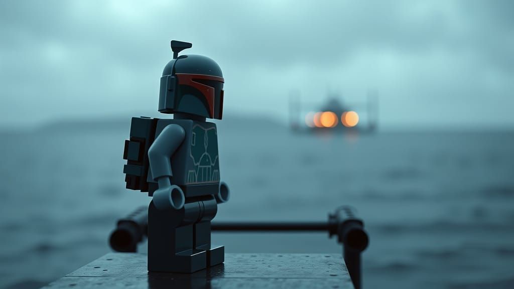 Lego Boba Fett on Pier: Photorealistic Film Still