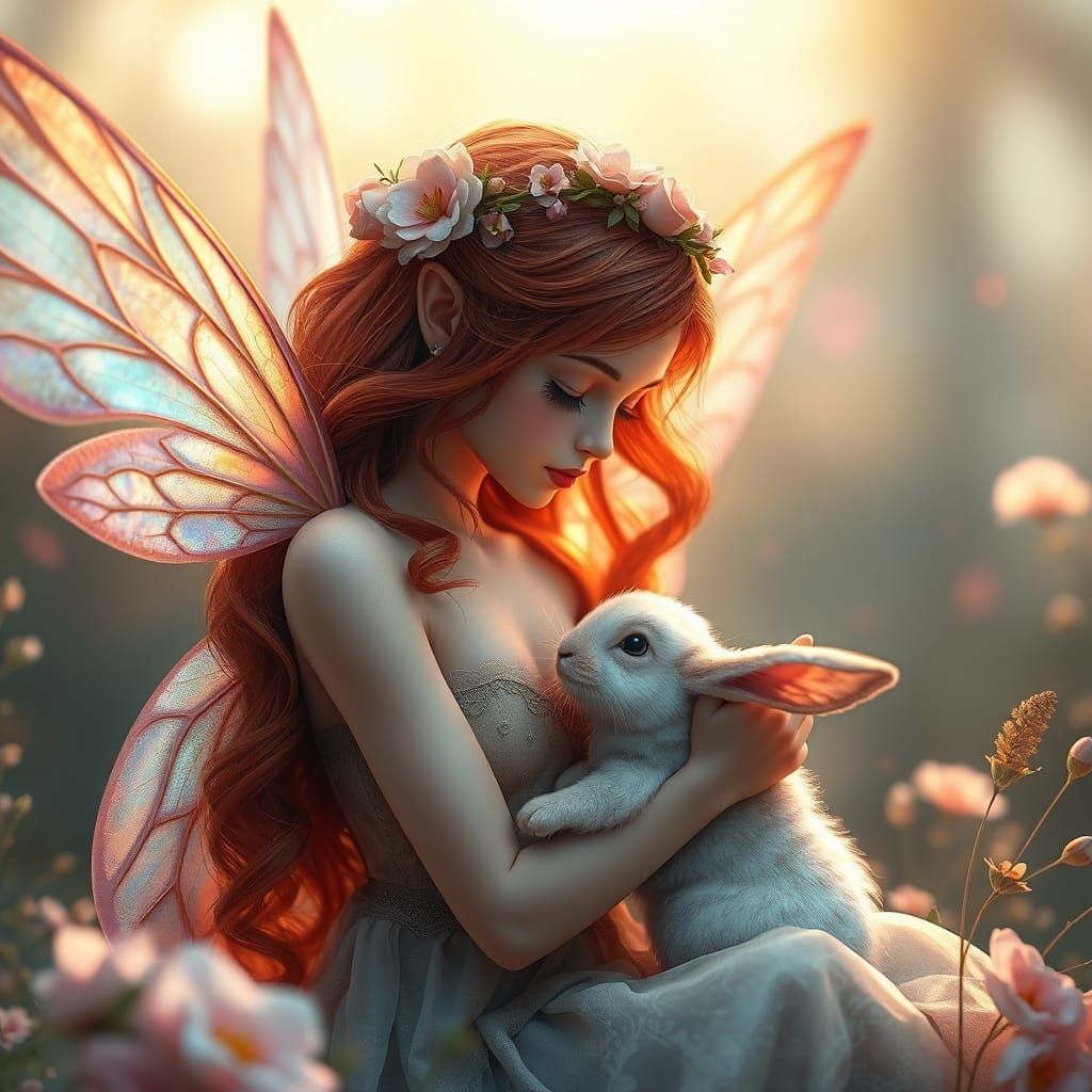 A dreamy, fantasy-style digital illustration of a delicate fairy woman with iridescent wings, gently touching noses with...