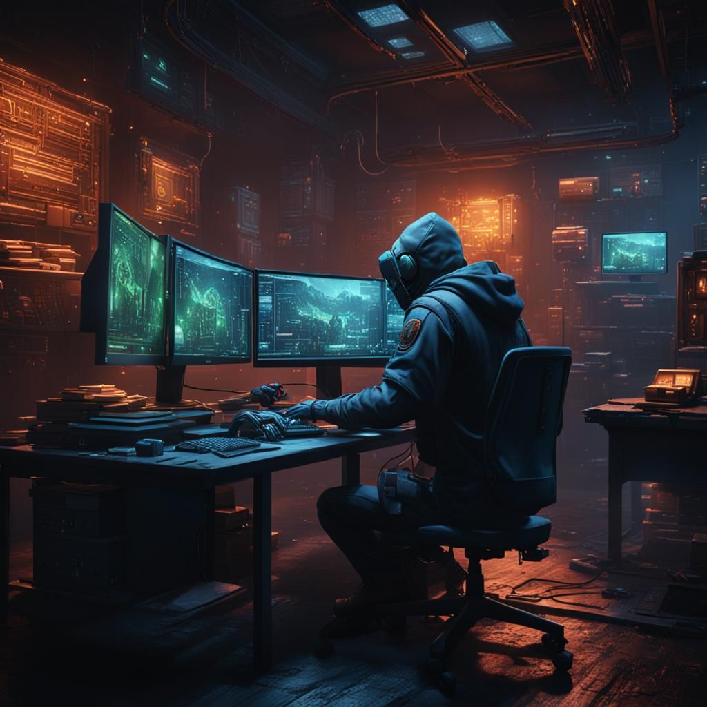 Hacker in Dark Room: Detailed Matte Painting
