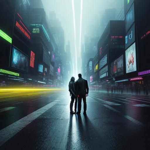 Neo and Trinity God Forms in Cyberpunk Cityscape