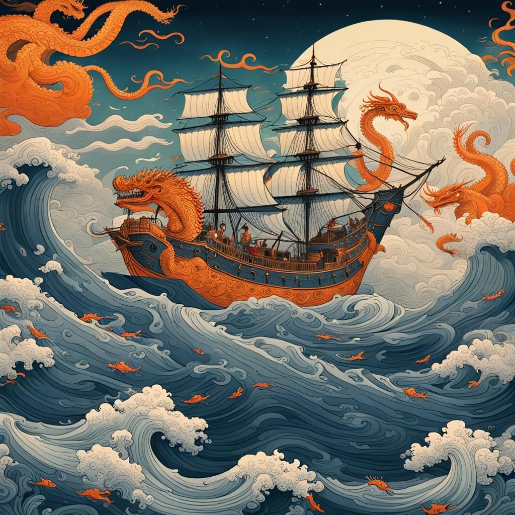 Mystical Portugal Seascape in Ukiyo-e Style