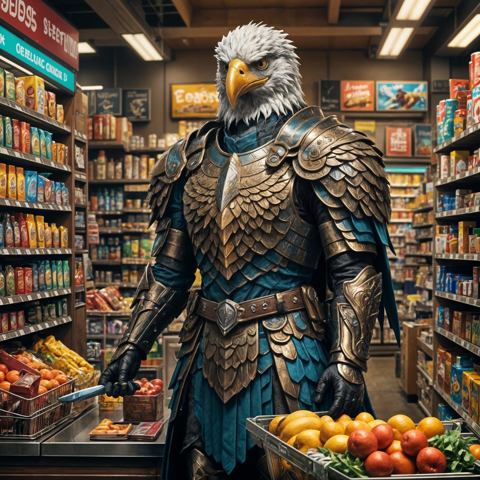 Epic Fantasy Eagle Knight Cashier in Detailed Armor
