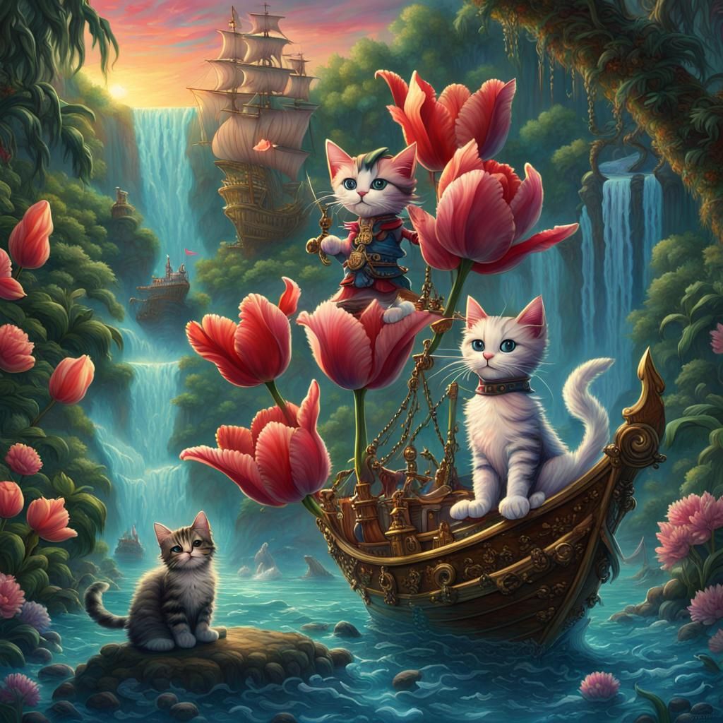 Pirate Cats on a Waterfall Tulip Boat