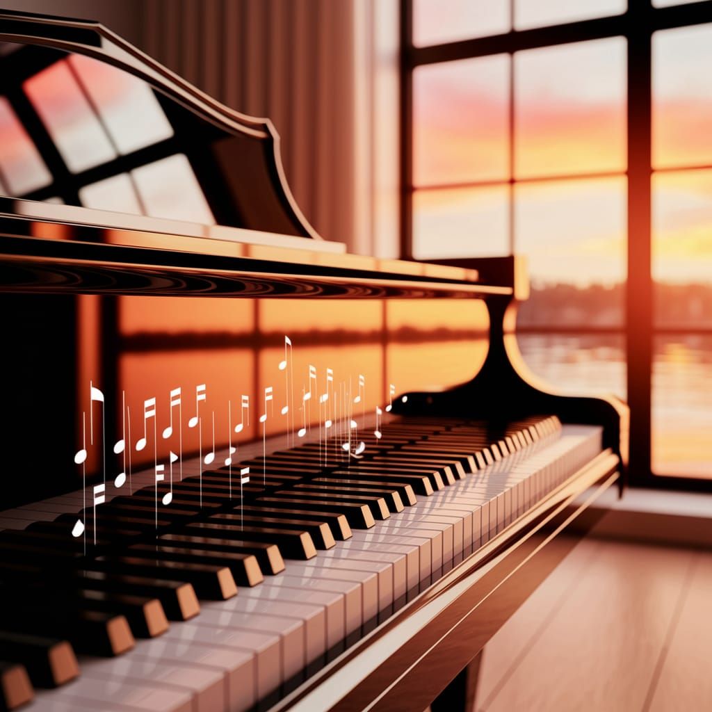 Soothing Golden Light Illuminates a Piano in a Serene Sunset...
