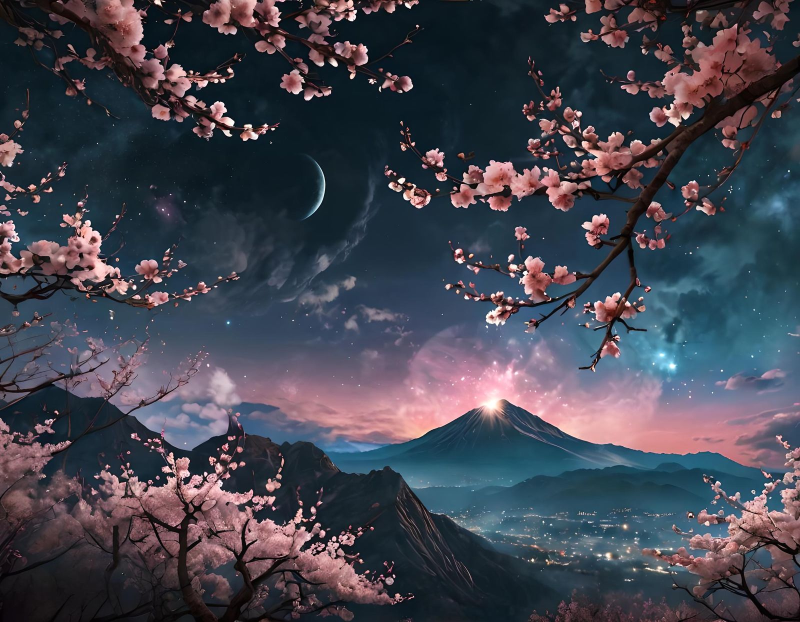 Nebula Sky and Cherry Blossoms Double Exposure
