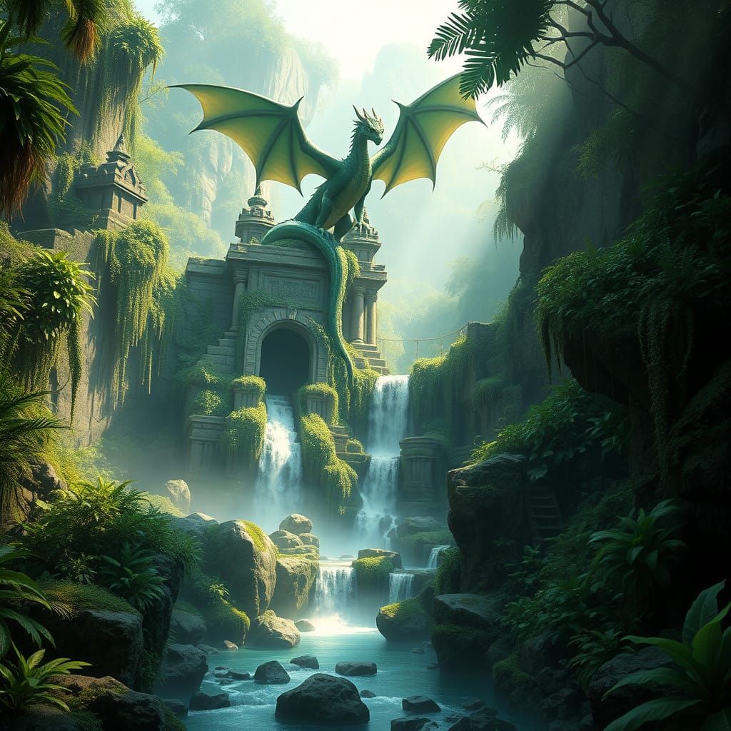 Fantasy Temple in Mysterious Jungle with Majestic Green Drag...