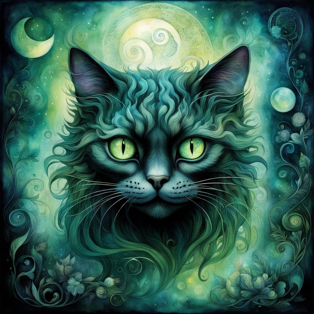 Cheshire cat with hypnotic green eyes