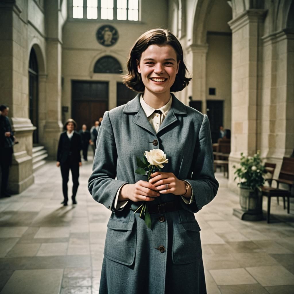 sophie scholl happy and smiling, full of life, full body, holding a single white rose , inside a university building