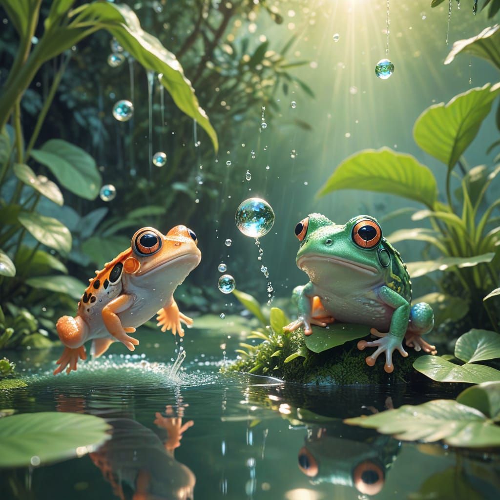 Anime Cartoon Characters with Frog in Garden