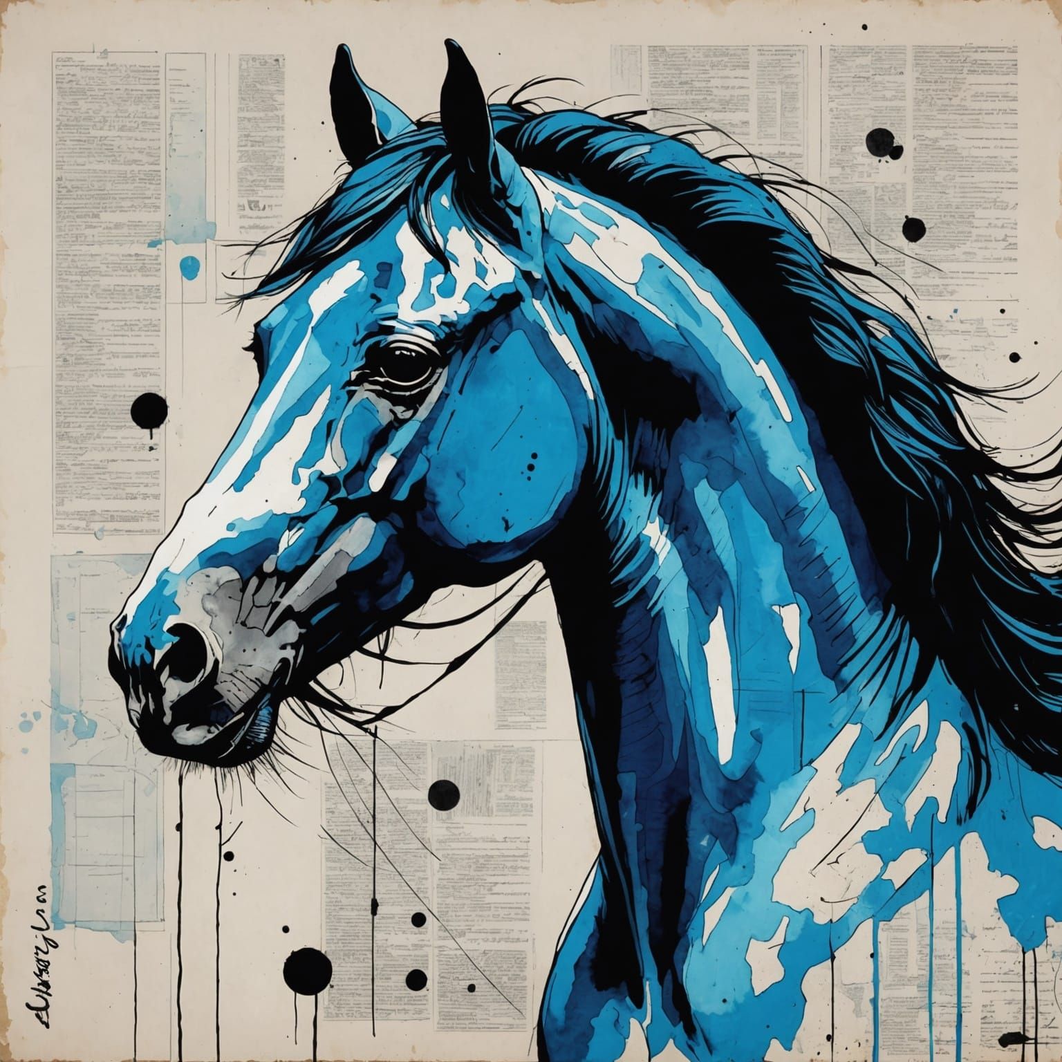 Blue Horse Watercolor Ink Drawing