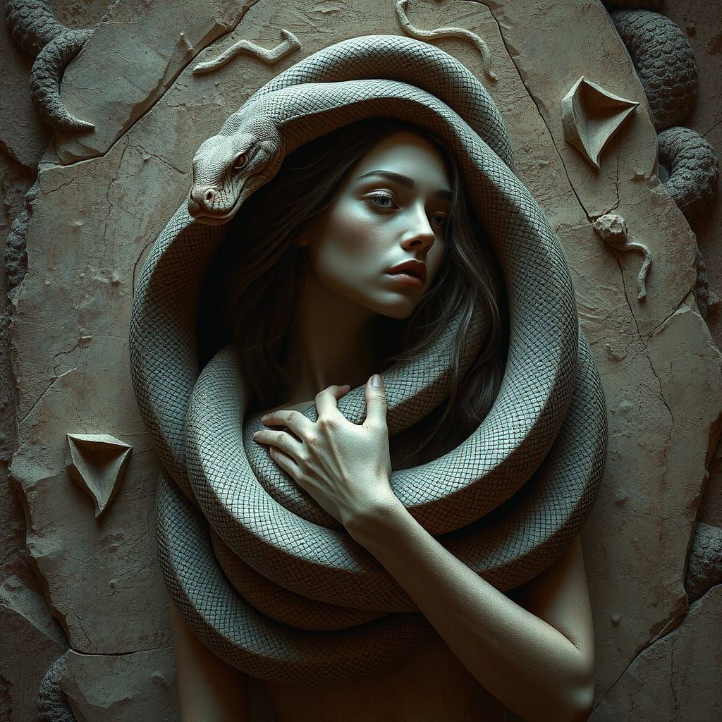 Dramatic Wall Carving: Woman Enveloped by Snake