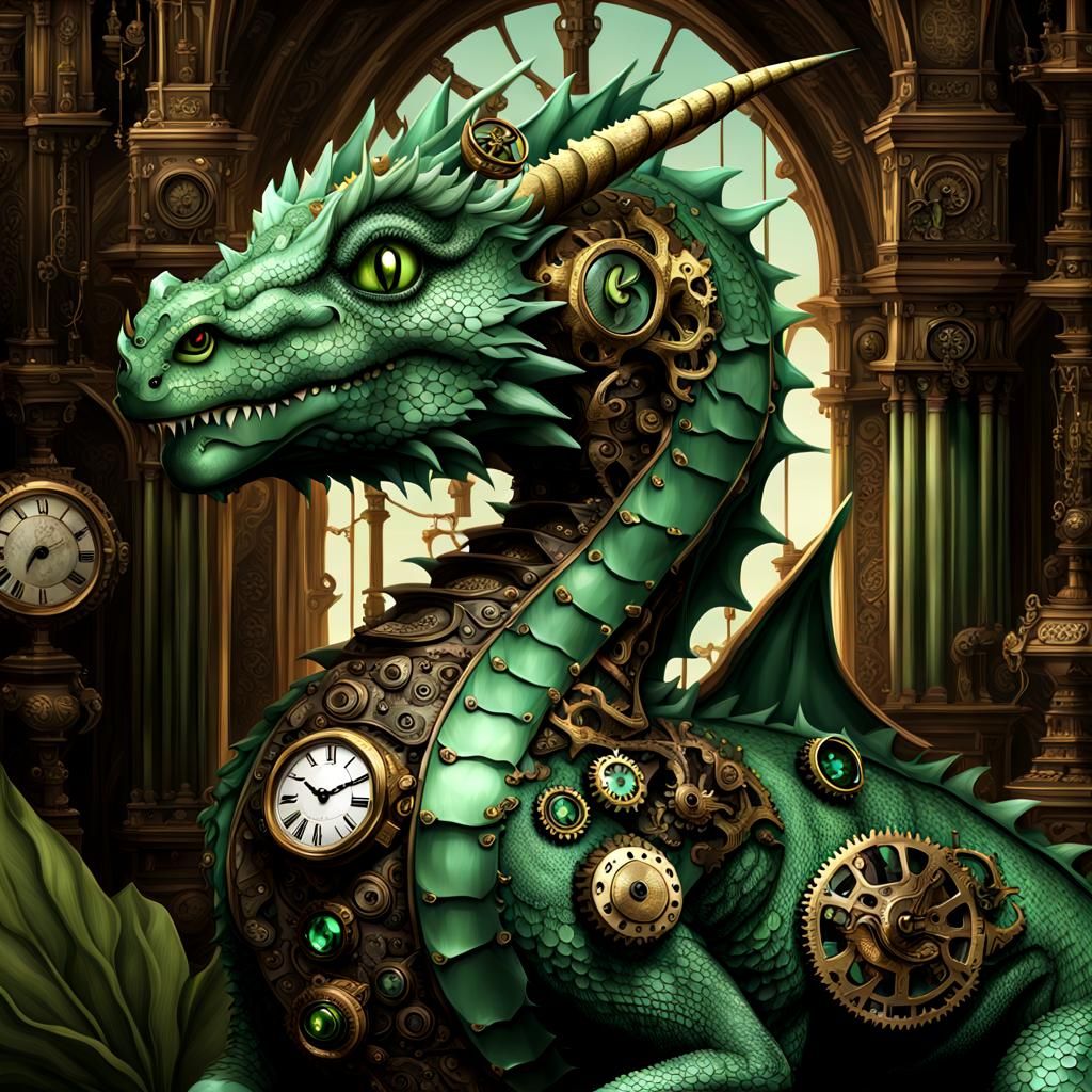 Steampunk Dragon with Green Jewels in Baroque Setting
