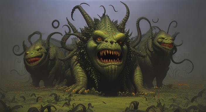 Gourd Fink Monsters Invade Garden in Surreal Digital Art