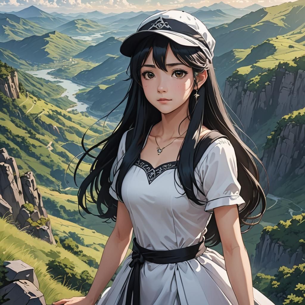 Anime Princess with Contrasting Hair on Mountain