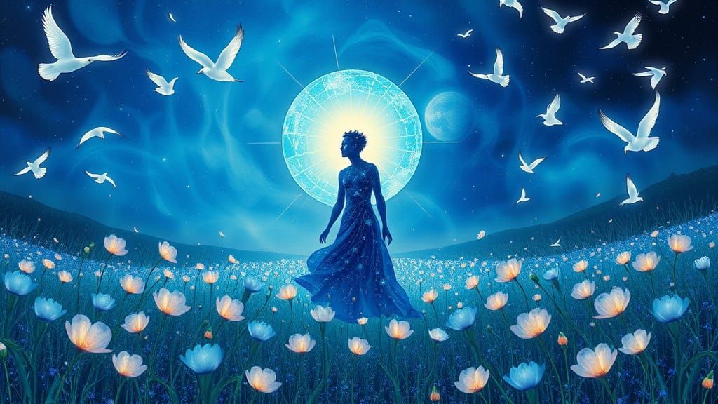 Surreal Figure in Blue Poppies with Energy Lines