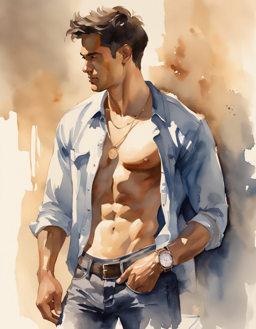 Muscular Men in Denim, Watercolor Style Painting