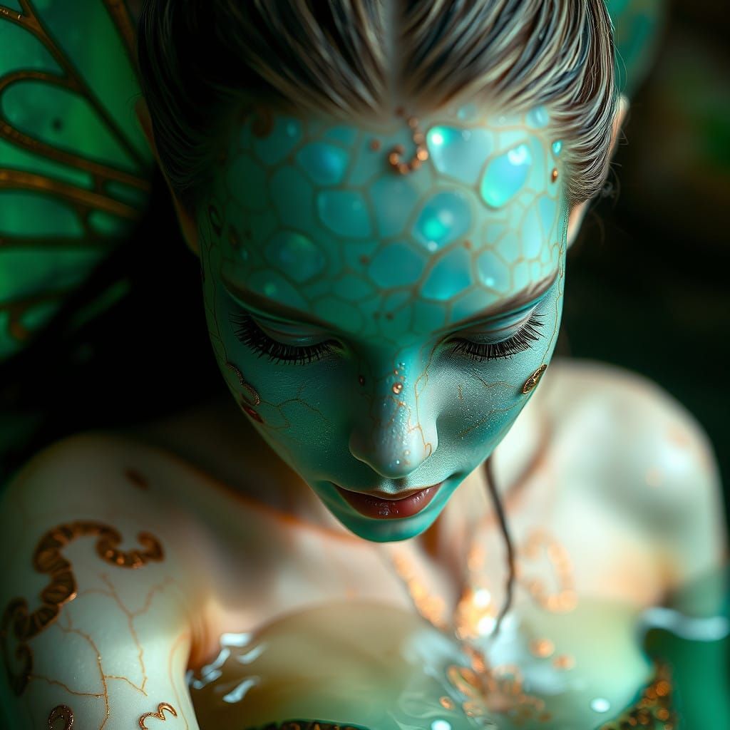 Fairy Dipping into Emerald Water in Opalescent Skin