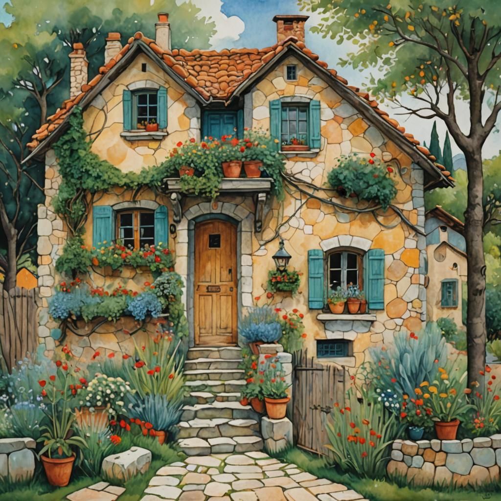 Cozy Italian Stone House in Gouache Style