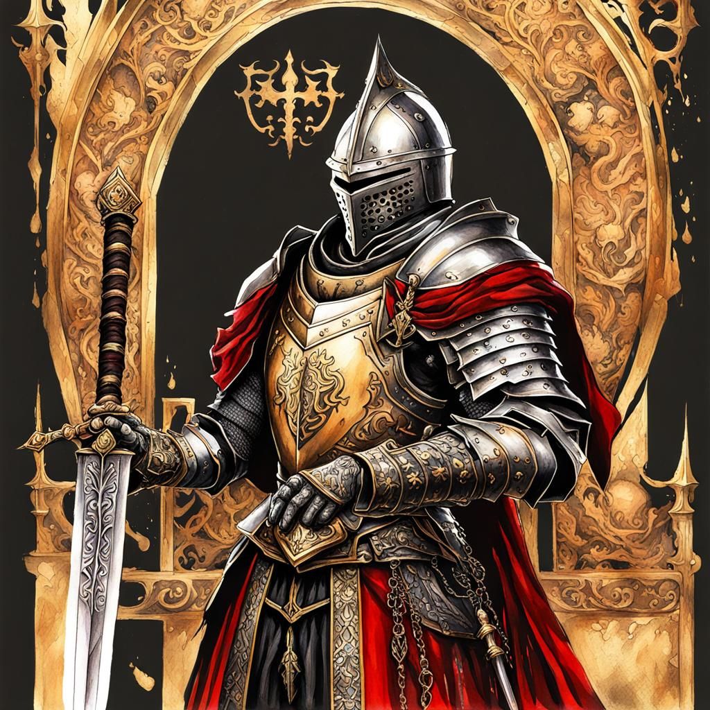 Gothic Knight with Sword: Ink and Watercolor Art