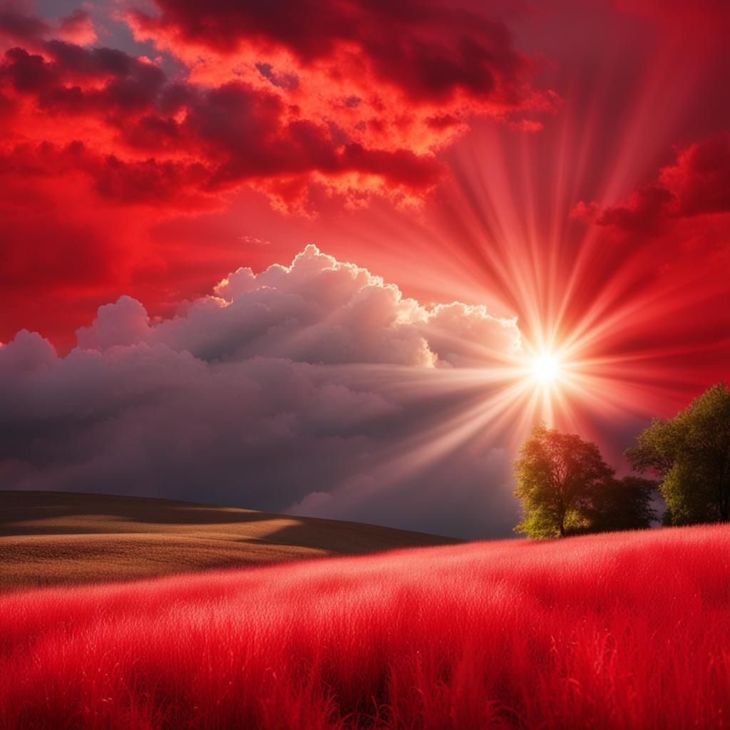 Red Grass Landscape with Divine Sunshine