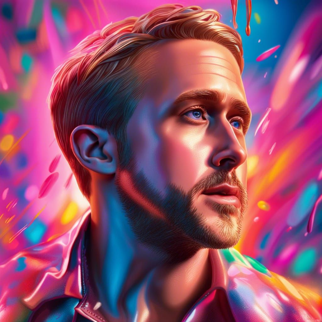Hyperrealistic Ryan Gosling Portrait in Splash Art Style
