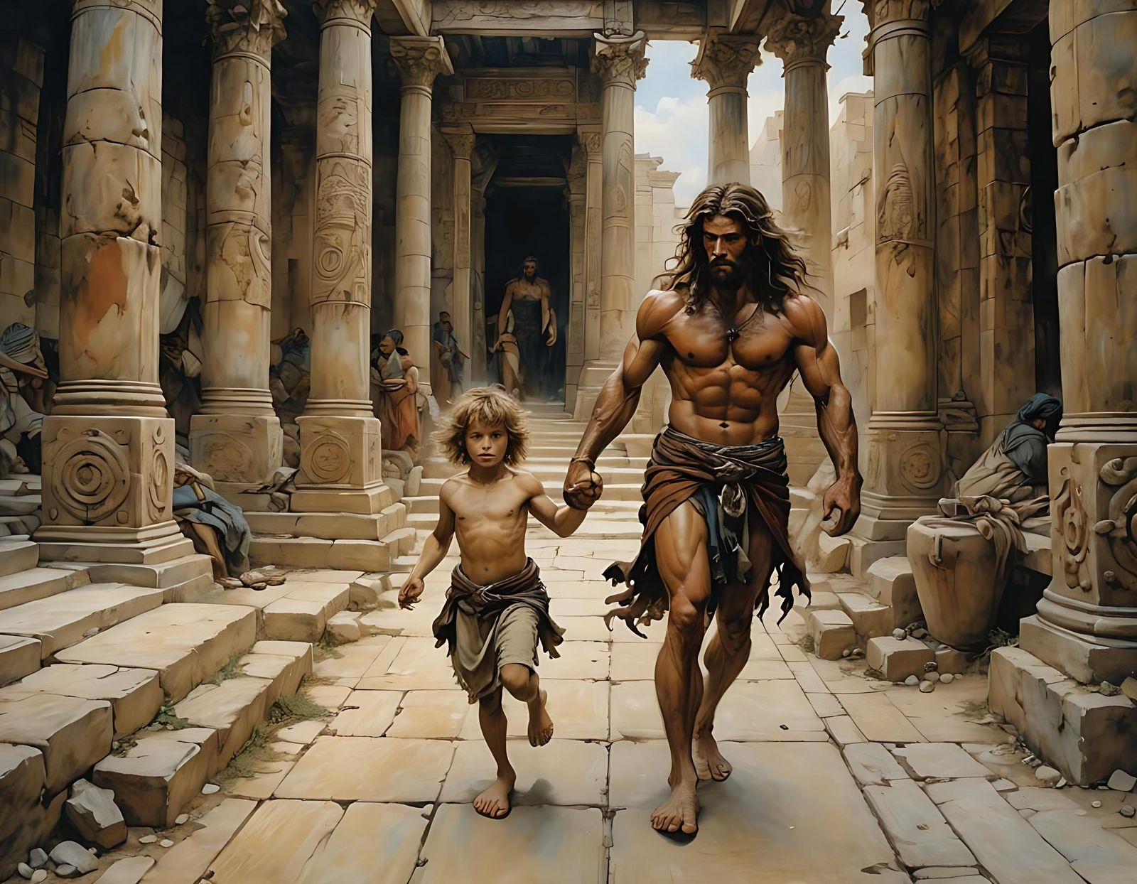 Samson Led Through Temple in Rackham Style